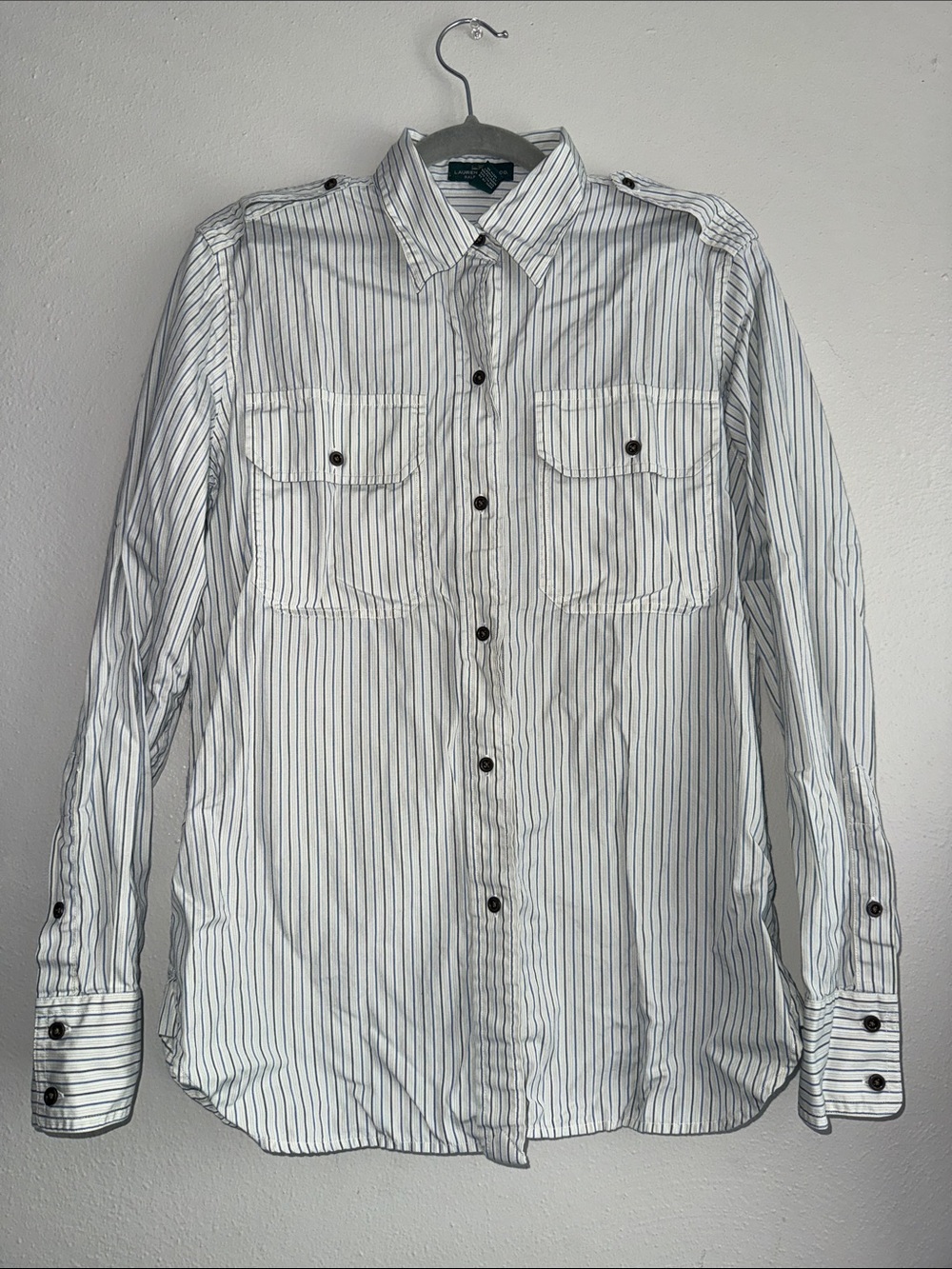 Ralph Lauren White Button-Down Shirt with Navy Pinstripes %100 cotton
